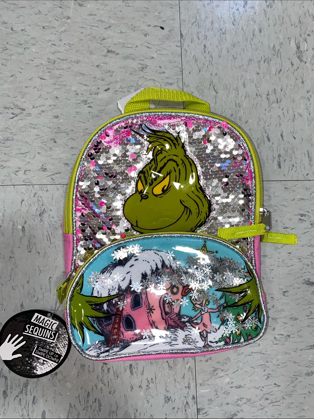 Kids Sequin the Grinch who stole Christmas mini small Backpack - Green & Pink